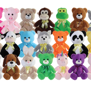 A group of stuffed animals that are all different colors.