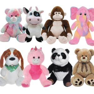 A group of stuffed animals that are sitting on the ground.