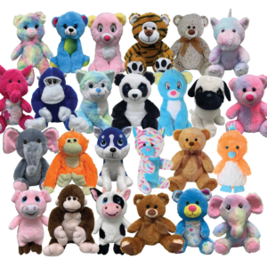 A bunch of stuffed animals are all together