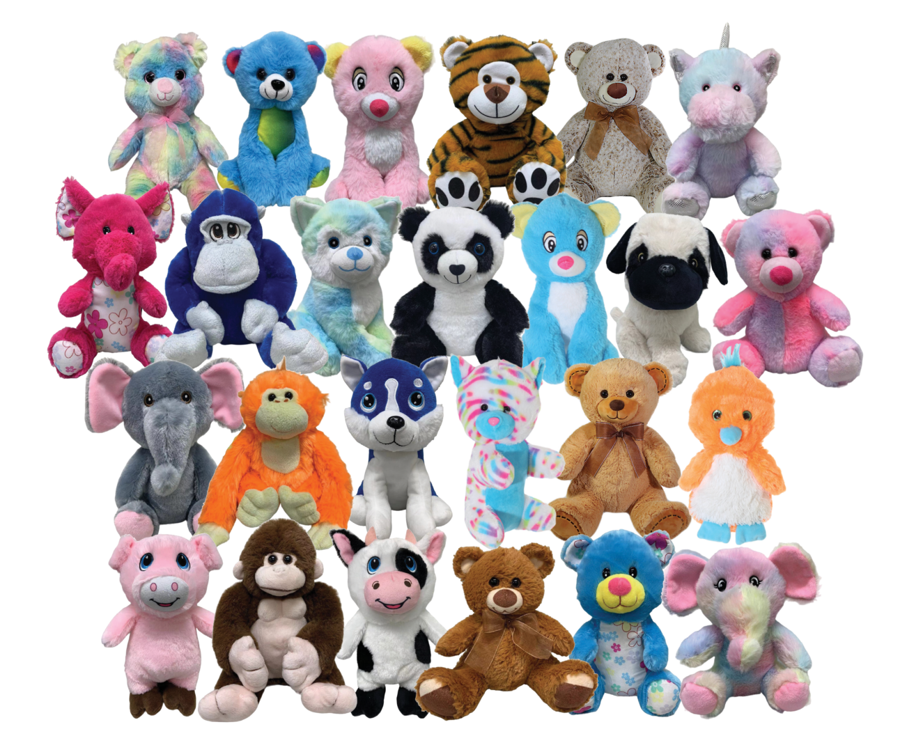 A bunch of stuffed animals are all together