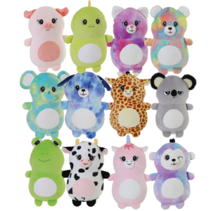 A group of stuffed animals that are all different colors.