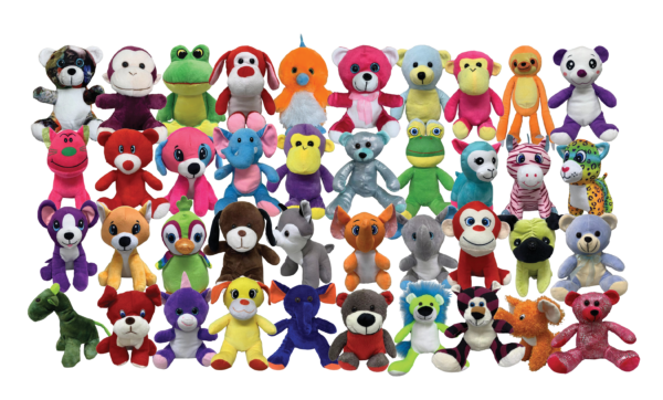 A bunch of stuffed animals that are all different colors