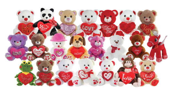 A bunch of stuffed animals that are all wearing hearts