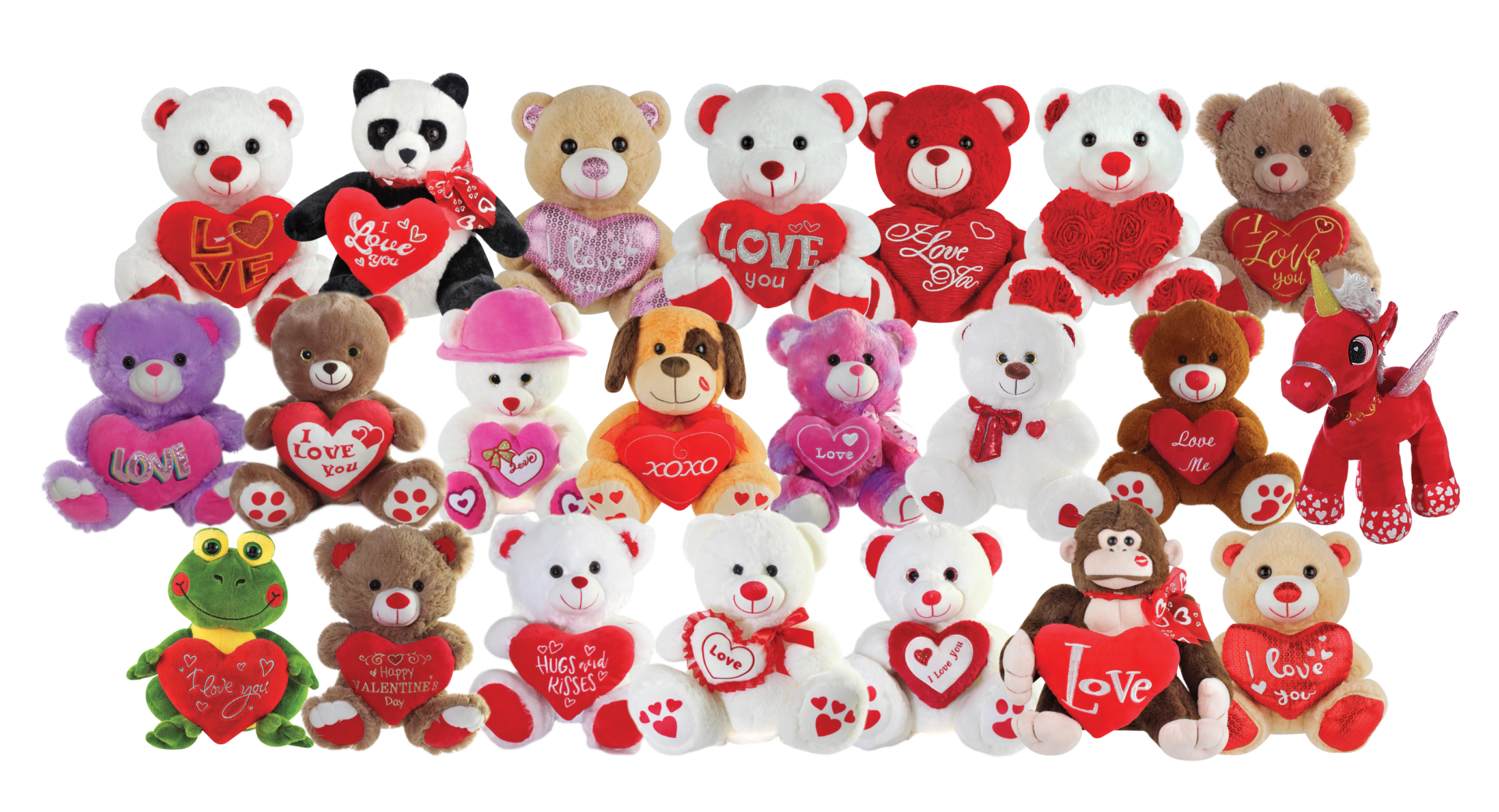 A bunch of stuffed animals that are all wearing hearts