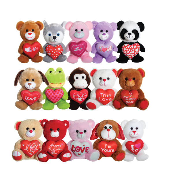 A group of stuffed animals with hearts on them.
