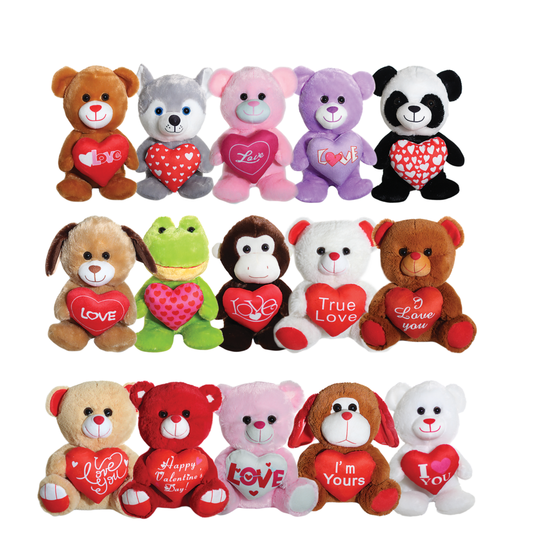 A group of stuffed animals with hearts on them.