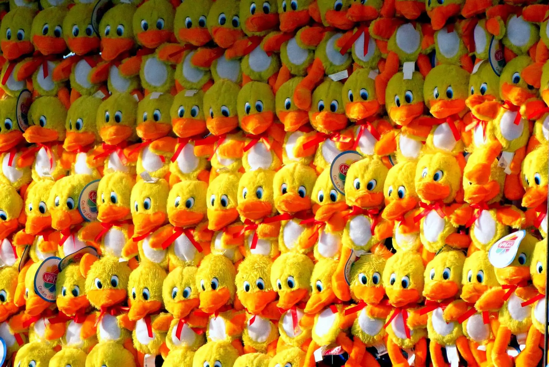 A wall of stuffed ducks with yellow and orange colors.
