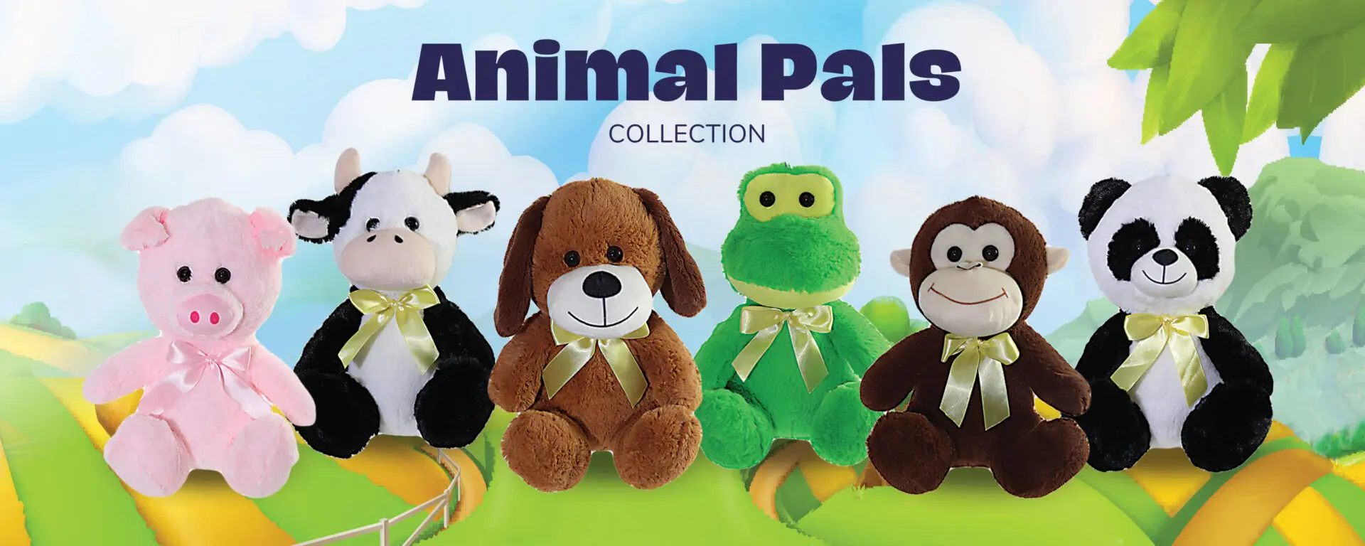A group of stuffed animals sitting on top of grass.