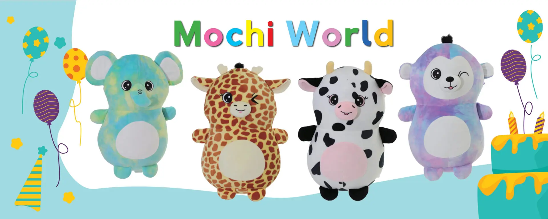 A group of stuffed animals that are sitting in front of the words mochi world.